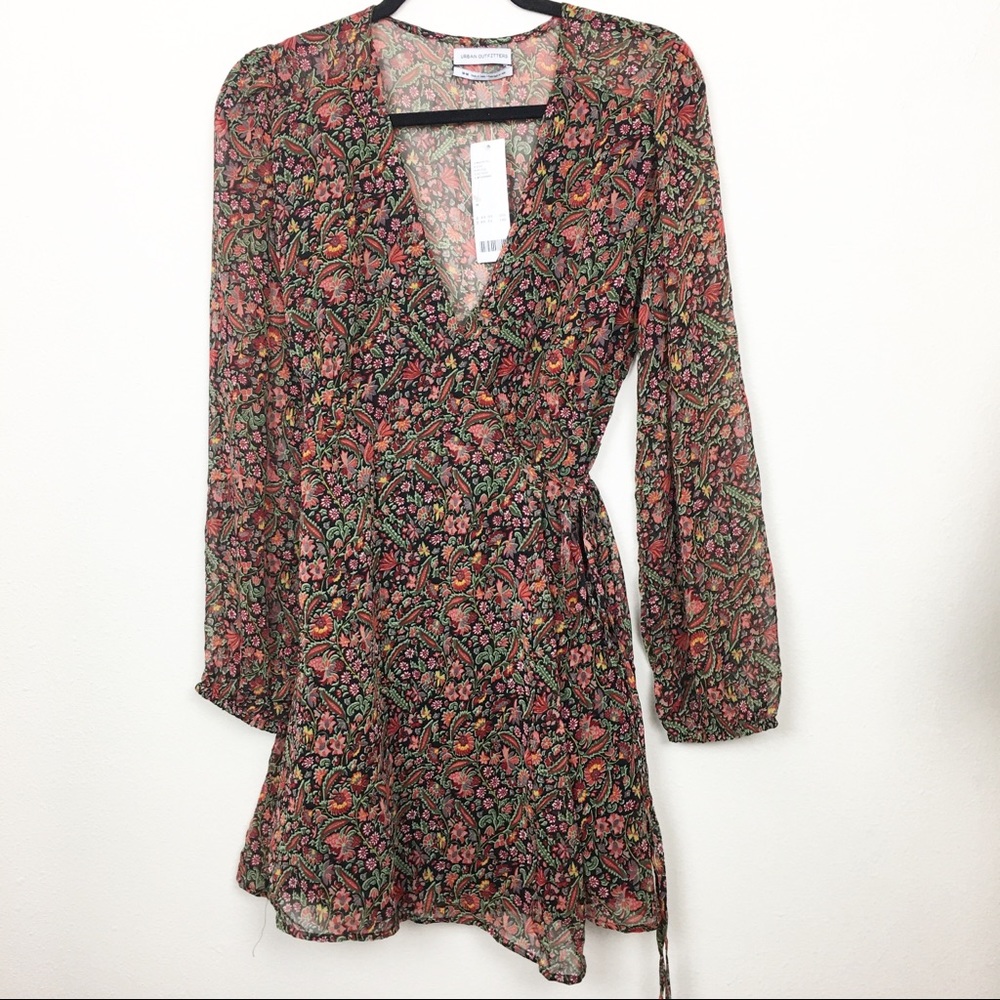 UO black red floral long sleeve flowy wrap dress